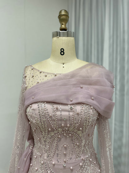 Elegant Couture Beading Lace Long Sleeve Side Skirt Wedding Party Evening Dress MB40258