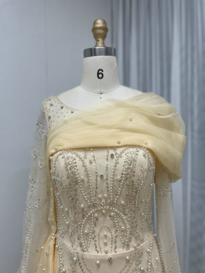 Elegant Couture Beading Lace Long Sleeve Side Skirt Wedding Party Evening Dress MB40258