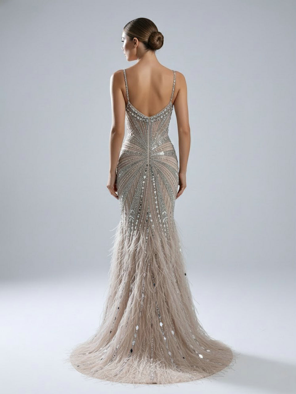 Champagne Sequin & Feather Mermaid Prom Dress - Rhinestone Embellished Gala Gown MB40260-2