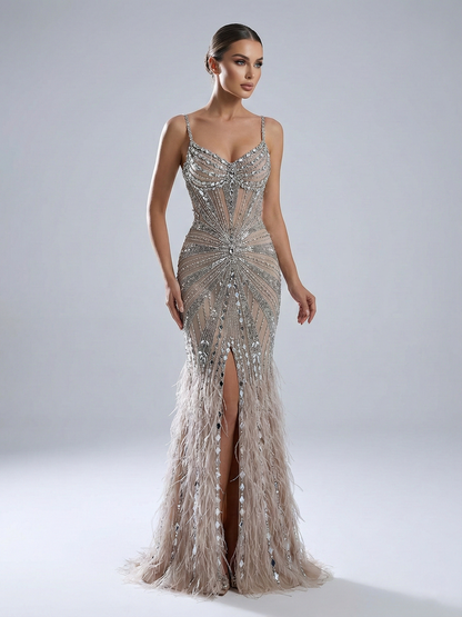 Champagne Sequin & Feather Mermaid Prom Dress - Rhinestone Embellished Gala Gown MB40260-2