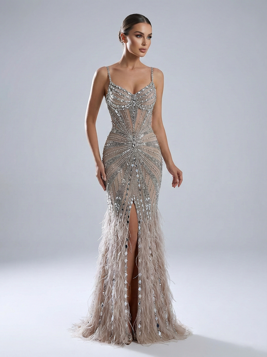 Champagne Sequin & Feather Mermaid Prom Dress - Rhinestone Embellished Gala Gown MB40260-2