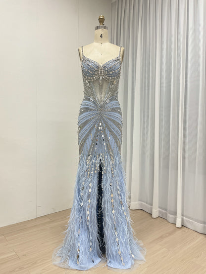 Champagne Sequin & Feather Mermaid Prom Dress - Rhinestone Embellished Gala Gown MB40260-2