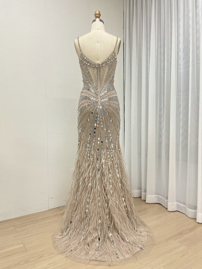 Champagne Sequin & Feather Mermaid Prom Dress - Rhinestone Embellished Gala Gown MB40260-2