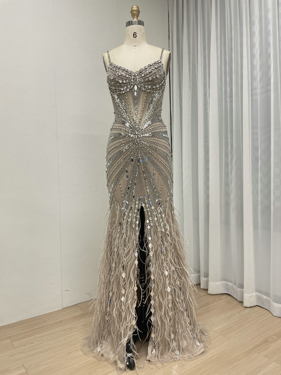 Champagne Sequin & Feather Mermaid Prom Dress - Rhinestone Embellished Gala Gown MB40260-2