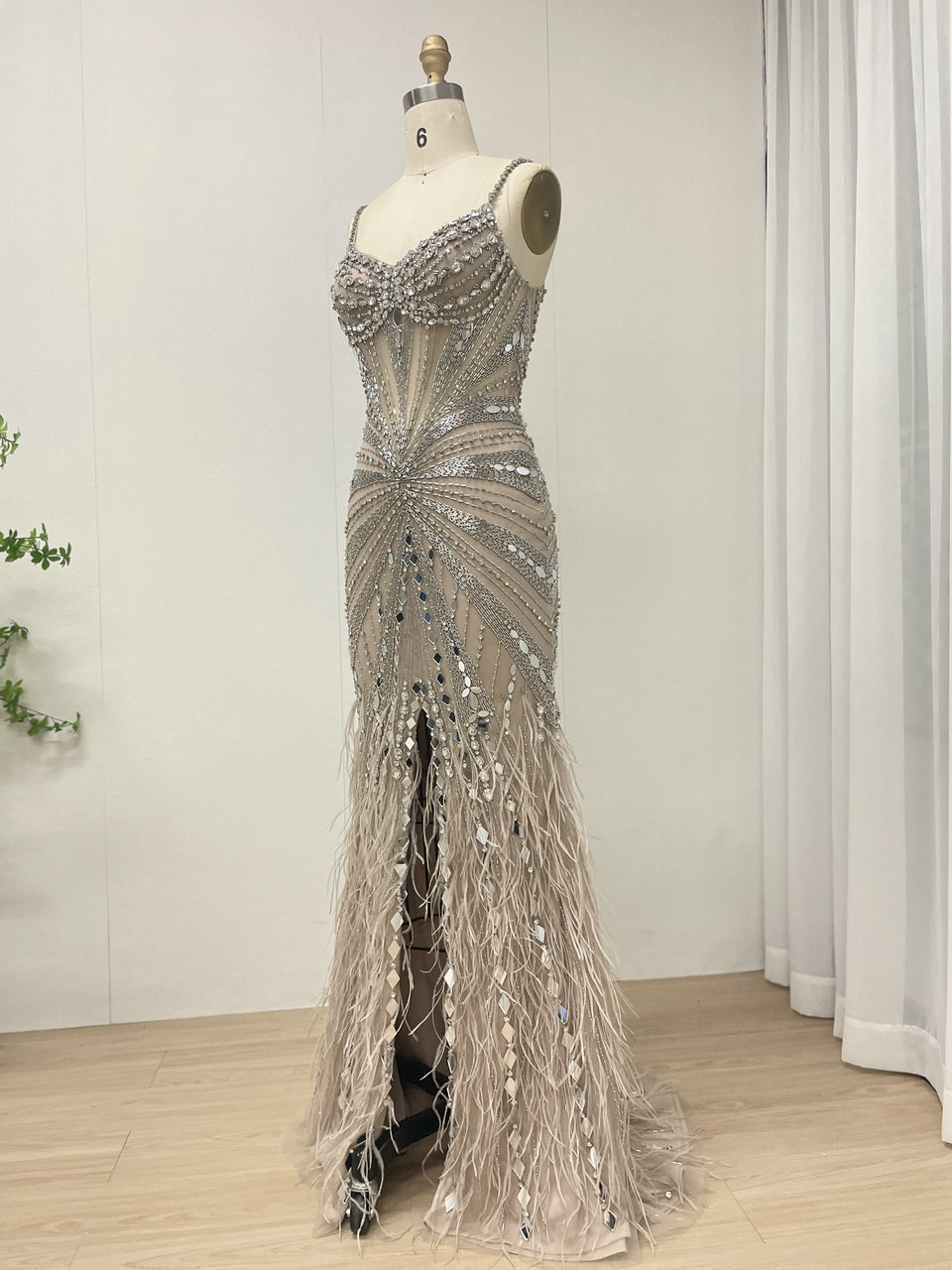 Champagne Sequin & Feather Mermaid Prom Dress - Rhinestone Embellished Gala Gown MB40260-2