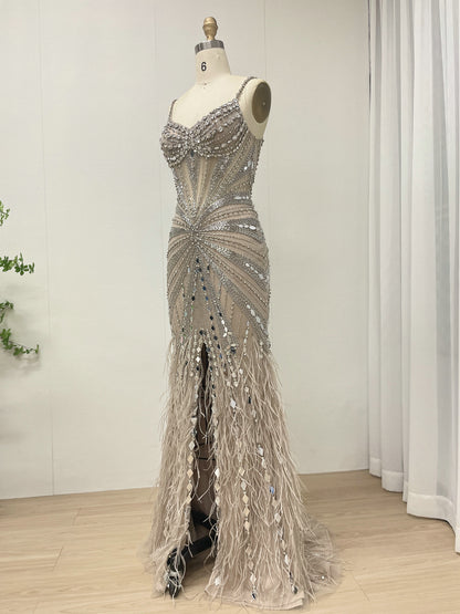 Champagne Sequin & Feather Mermaid Prom Dress - Rhinestone Embellished Gala Gown MB40260-2