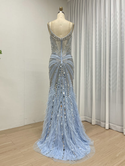 Champagne Sequin & Feather Mermaid Prom Dress - Rhinestone Embellished Gala Gown MB40260-2