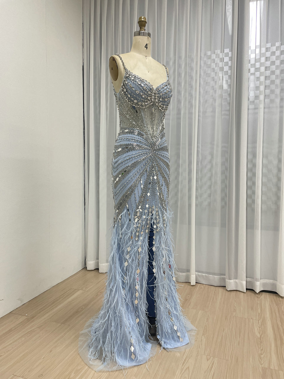 Champagne Sequin & Feather Mermaid Prom Dress - Rhinestone Embellished Gala Gown MB40260-2