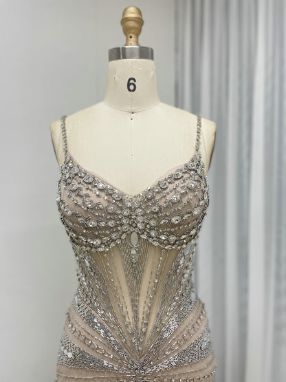 Champagne Sequin & Feather Mermaid Prom Dress - Rhinestone Embellished Gala Gown MB40260-2