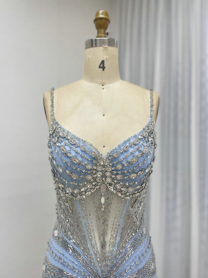 Champagne Sequin & Feather Mermaid Prom Dress - Rhinestone Embellished Gala Gown MB40260-2