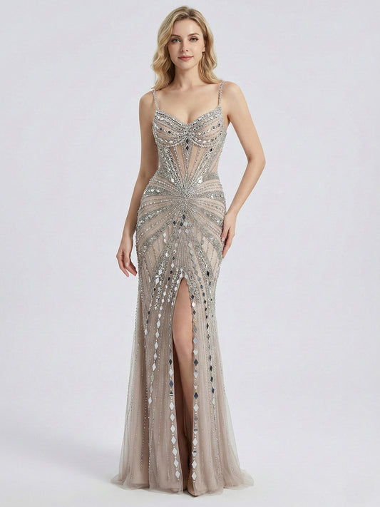 Spaghetti Strap Handmade Beading High Slit Prom Evening Dress MB40260