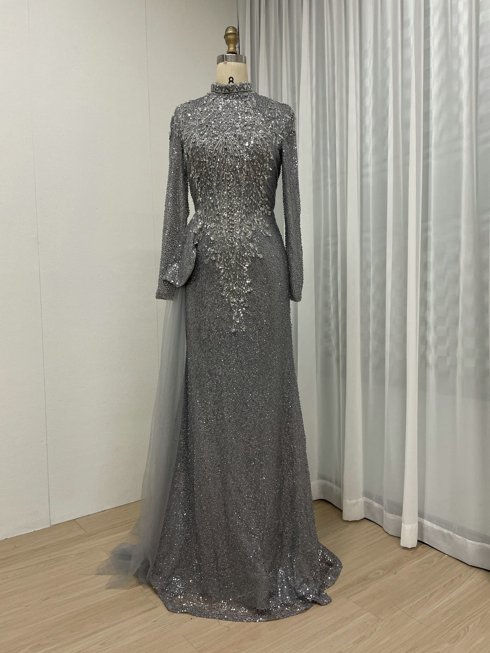 High Neck Long Sleeve Covered Beading Wedding Guest Mother Dress MB40266