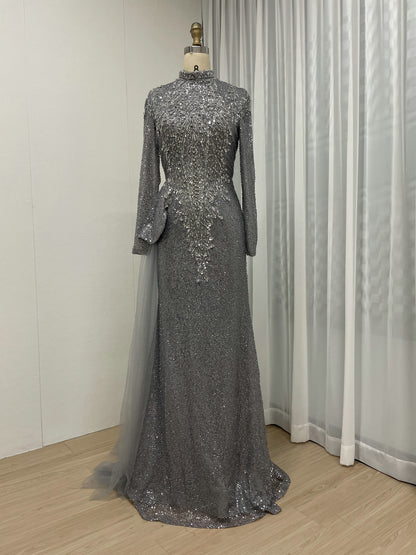 High Neck Long Sleeve Covered Beading Wedding Guest Mother Dress MB40266