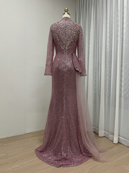 High Neck Long Sleeve Covered Beading Wedding Guest Mother Dress MB40266