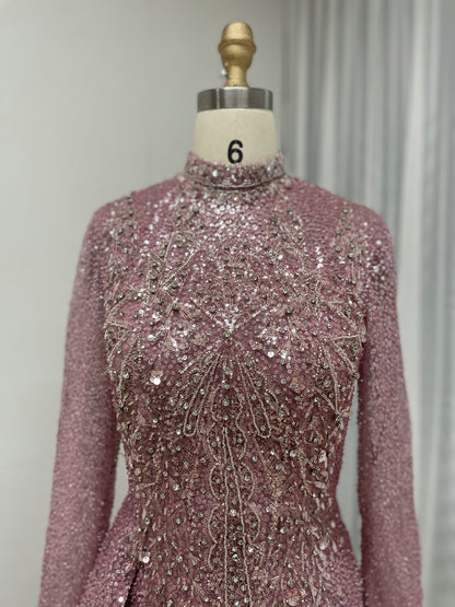 High Neck Long Sleeve Covered Beading Wedding Guest Mother Dress MB40266