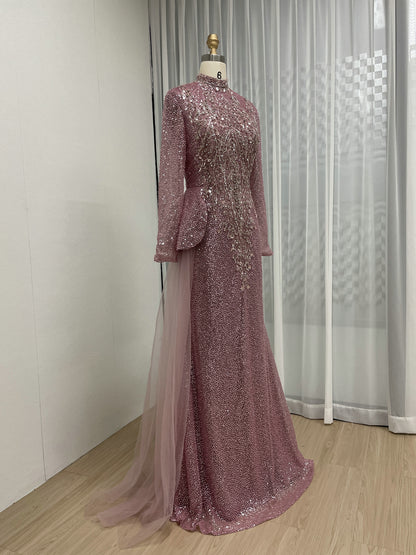 High Neck Long Sleeve Covered Beading Wedding Guest Mother Dress MB40266