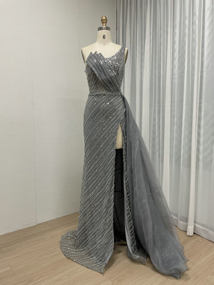 One Shoulder Beading Lace High Split Prom Dress MB40267