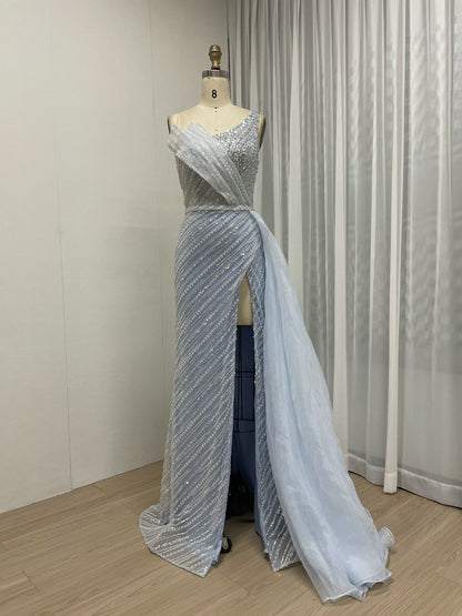 One Shoulder Beading Lace High Split Prom Dress MB40267