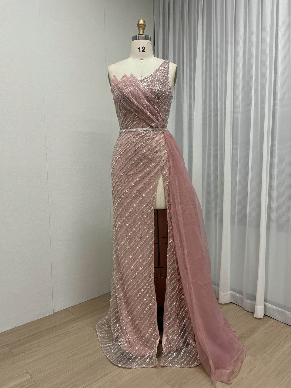 One Shoulder Beading Lace High Split Prom Dress MB40267