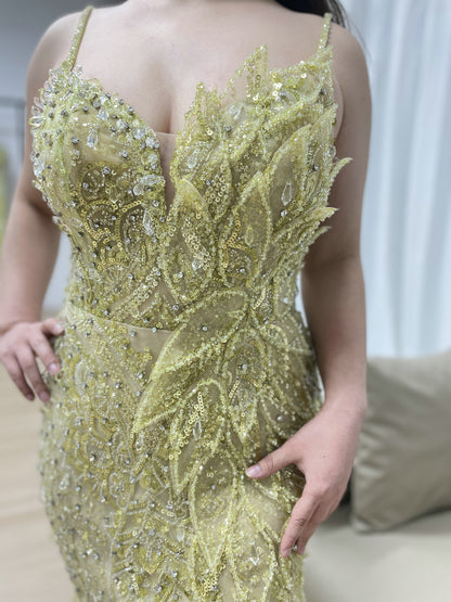 Luxurious Sexy High Slit Spaghetti Strap Beading Prom Evening Gown MB40280