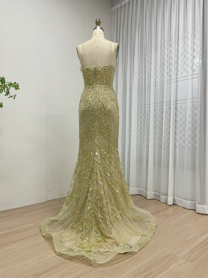 Luxurious Sexy High Slit Spaghetti Strap Beading Prom Evening Gown MB40280