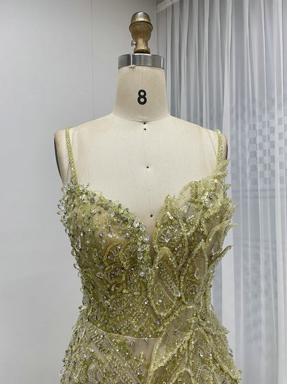 Luxurious Sexy High Slit Spaghetti Strap Beading Prom Evening Gown MB40280