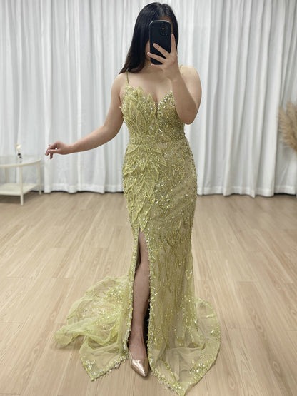 Luxurious Sexy High Slit Spaghetti Strap Beading Prom Evening Gown MB40280