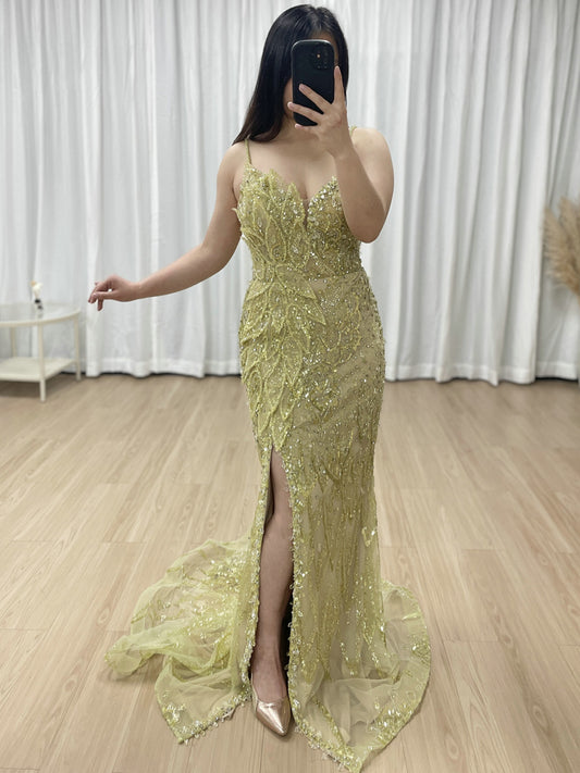 Luxurious Sexy High Slit Spaghetti Strap Beading Prom Evening Gown MB40280