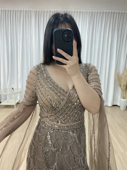 Luxury Beading Cape Sleeves A-Line Evening Dress for Elegant Plus Size Mother of the Bride Women MB40289