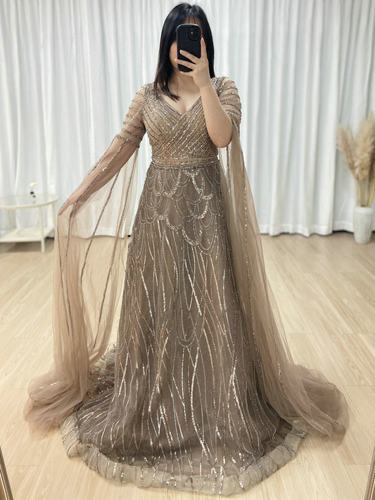 Luxury Beading Cape Sleeves A-Line Evening Dress for Elegant Plus Size Mother of the Bride Women MB40289