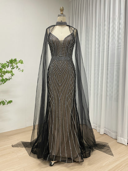 Champagne Luxury Beaded Spaghetti Strap Evening Dresses Deep V Neck Sexy Mermaid Formal Wedding Party Gowns for Ladies MB40290