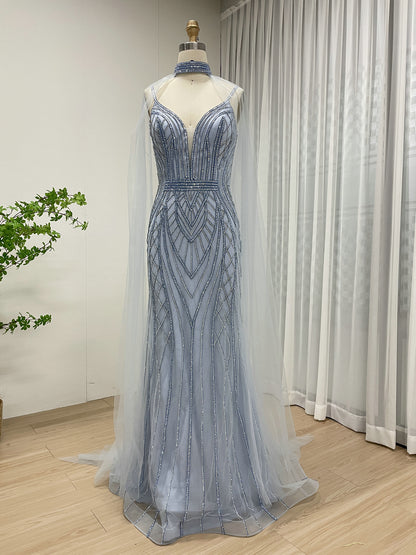 Champagne Luxury Beaded Spaghetti Strap Evening Dresses Deep V Neck Sexy Mermaid Formal Wedding Party Gowns for Ladies MB40290