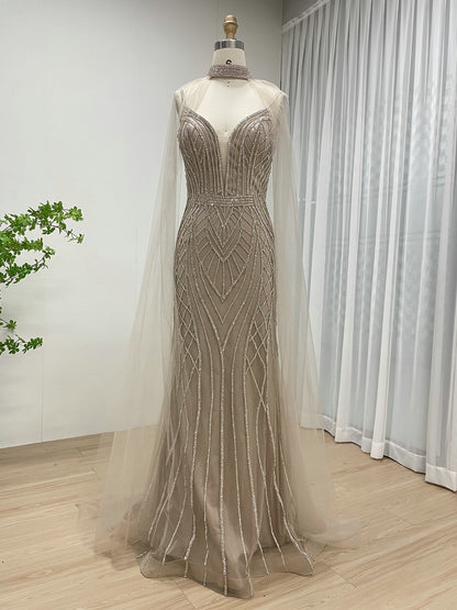 Champagne Luxury Beaded Spaghetti Strap Evening Dresses Deep V Neck Sexy Mermaid Formal Wedding Party Gowns for Ladies MB40290
