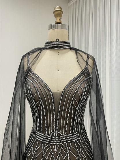 Champagne Luxury Beaded Spaghetti Strap Evening Dresses Deep V Neck Sexy Mermaid Formal Wedding Party Gowns for Ladies MB40290