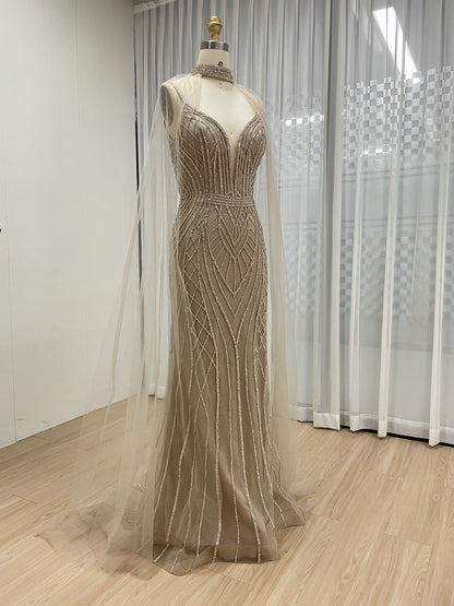 Champagne Luxury Beaded Spaghetti Strap Evening Dresses Deep V Neck Sexy Mermaid Formal Wedding Party Gowns for Ladies MB40290
