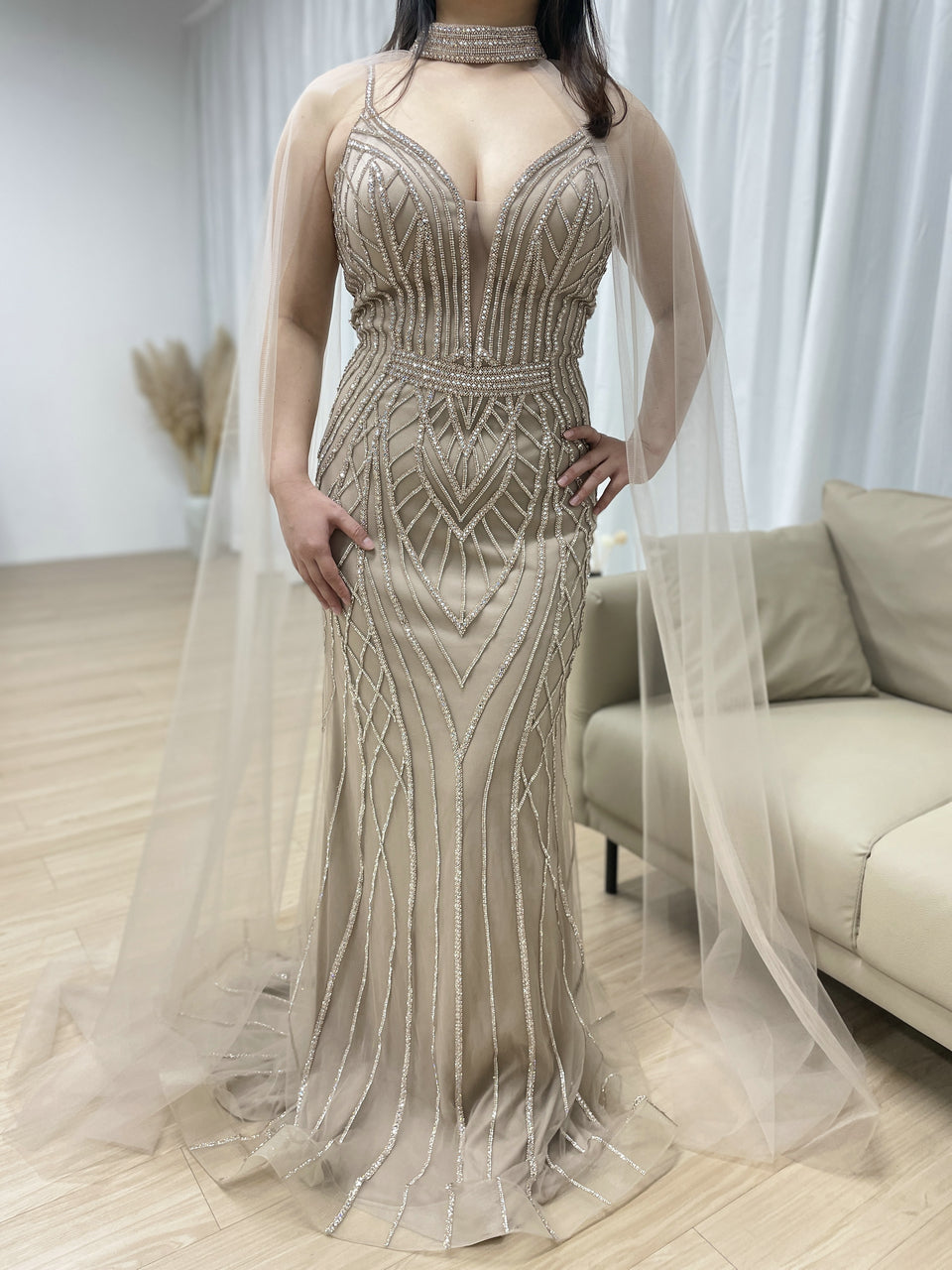 Champagne Luxury Beaded Spaghetti Strap Evening Dresses Deep V Neck Sexy Mermaid Formal Wedding Party Gowns for Ladies MB40290