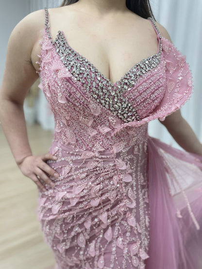Luxury Hand Beading Sexy High Slit Spaghetti Strap Pink Evening Gown With Elegant Side Skirt MB40292