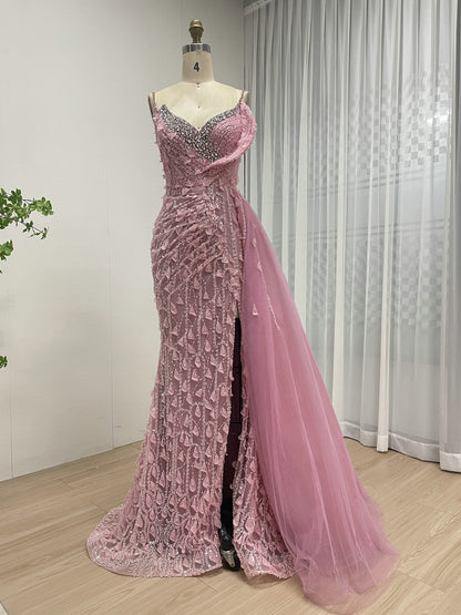 Luxury Hand Beading Sexy High Slit Spaghetti Strap Pink Evening Gown With Elegant Side Skirt MB40292