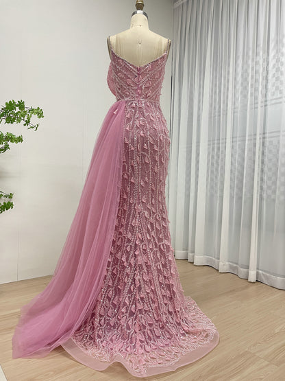 Luxury Hand Beading Sexy High Slit Spaghetti Strap Pink Evening Gown With Elegant Side Skirt MB40292