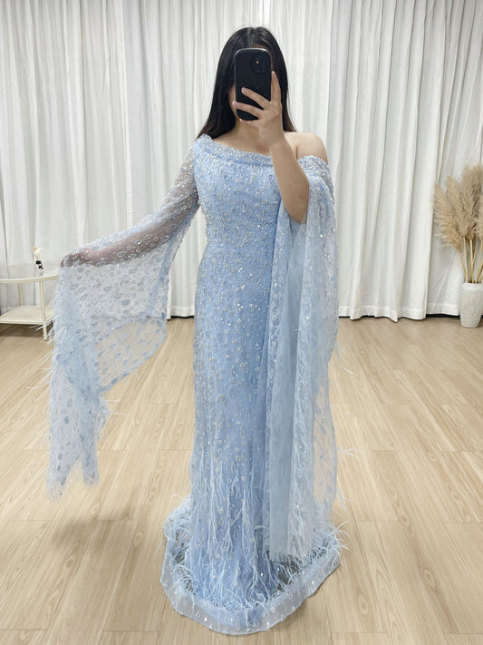 Luxury One Shoulder Cape Long Sleeve A Line Feather Wedding Party Dress MB40293