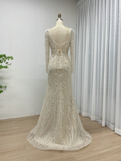 Elegant V Neckline Couture Beading Lace Mermaid Long Sleeve Evening Party Dress MB40301