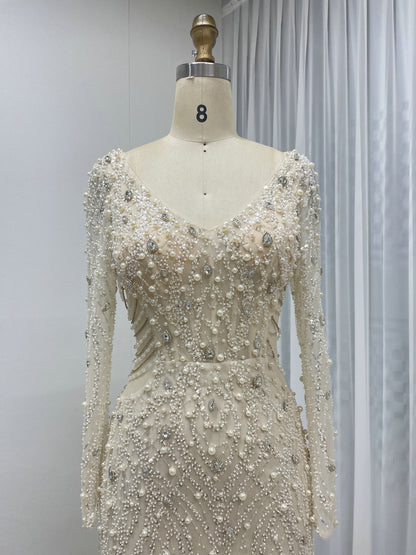 Elegant V Neckline Couture Beading Lace Mermaid Long Sleeve Evening Party Dress MB40301