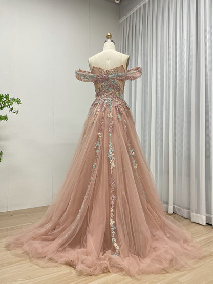 Pink Off Shoulder Elegant Lace Embroidery A-line Flowy Couture Evening Gown MB40303