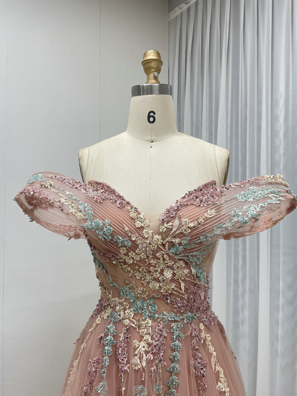 Pink Off Shoulder Elegant Lace Embroidery A-line Flowy Couture Evening Gown MB40303