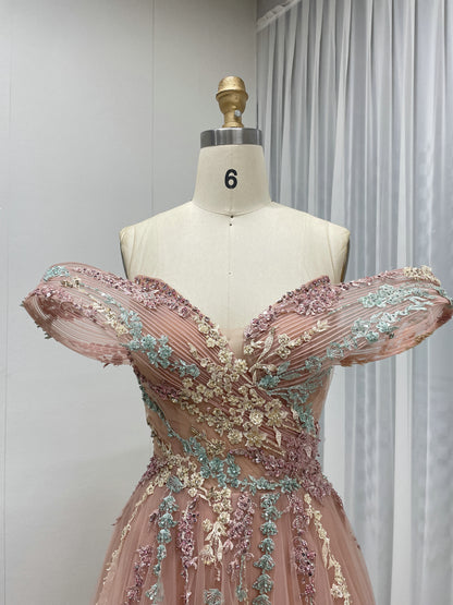 Pink Off Shoulder Elegant Lace Embroidery A-line Flowy Couture Evening Gown MB40303