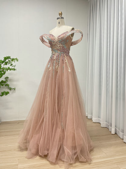 Pink Off Shoulder Elegant Lace Embroidery A-line Flowy Couture Evening Gown MB40303