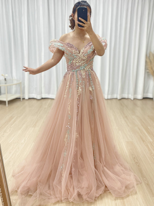 Pink Off Shoulder Elegant Lace Embroidery A-line Flowy Couture Evening Gown MB40303