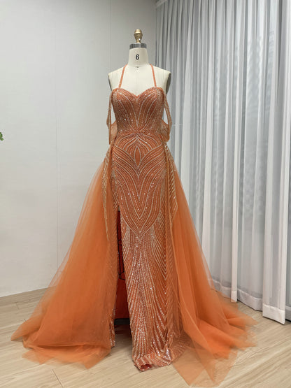 Orange Beaded Sexy High Slit Off-shoulder Heart-shaped Halter Neck Wrap Dress Evening Gown Prom Dress MB40304