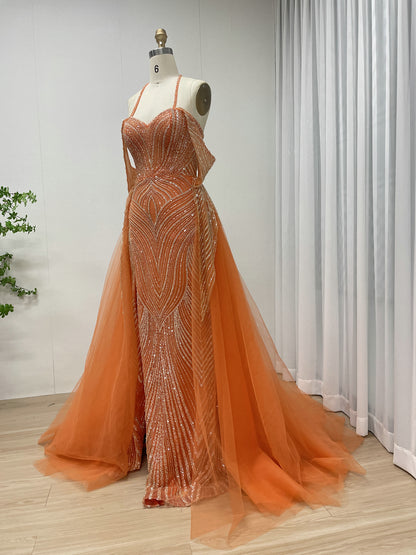 Orange Beaded Sexy High Slit Off-shoulder Heart-shaped Halter Neck Wrap Dress Evening Gown Prom Dress MB40304