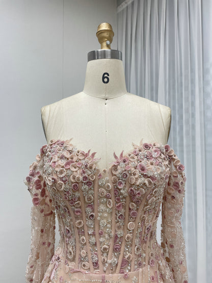 Luxury A-Line Floral Maxi Dress Pink Flowers Decoration Off Shoulder Sweetheart Neckline Party Evening Dress MB40305